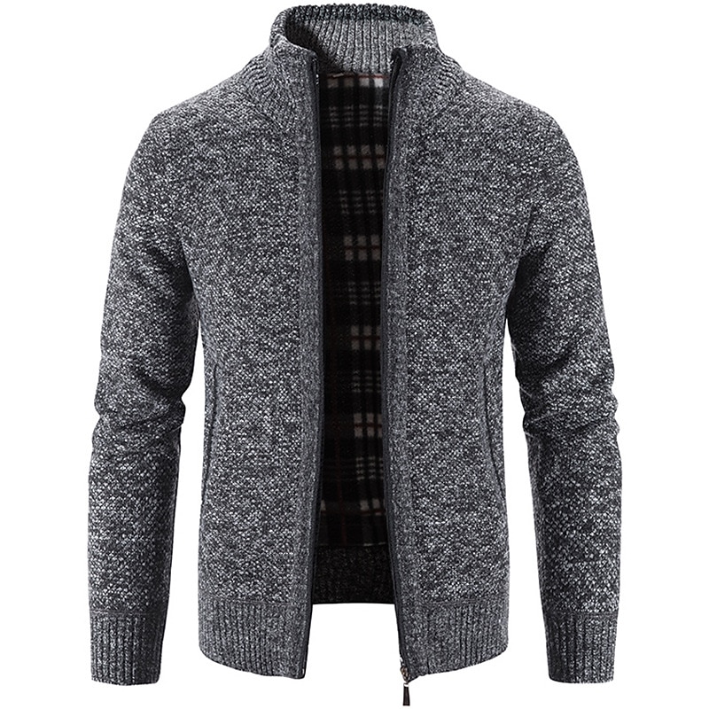Men's Sweater Cardigan Sweater Zip Sweater Sweater Jacket Fleece Sweater Knit Solid Color Stand Collar Essential Casual Clothing Apparel Winter Black Burgundy S M L