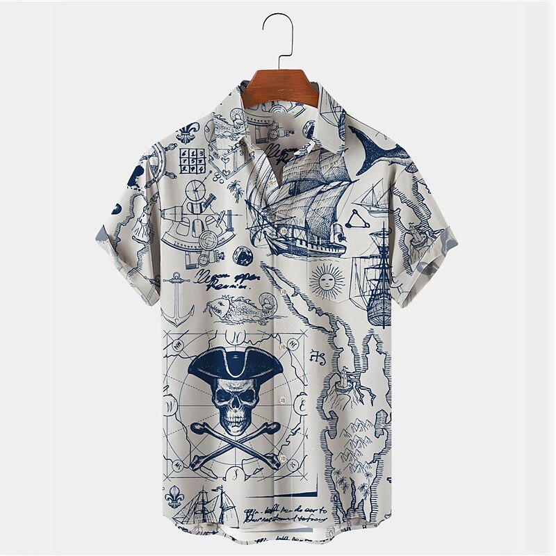 Men's Nautical Shirt Button Up Shirt Short Sleeve Vintage Fashion Designer Outdoor Casual Holiday Summer Spring Turndown Print Button-Down White Yellow Light Green Pink Black / Brown