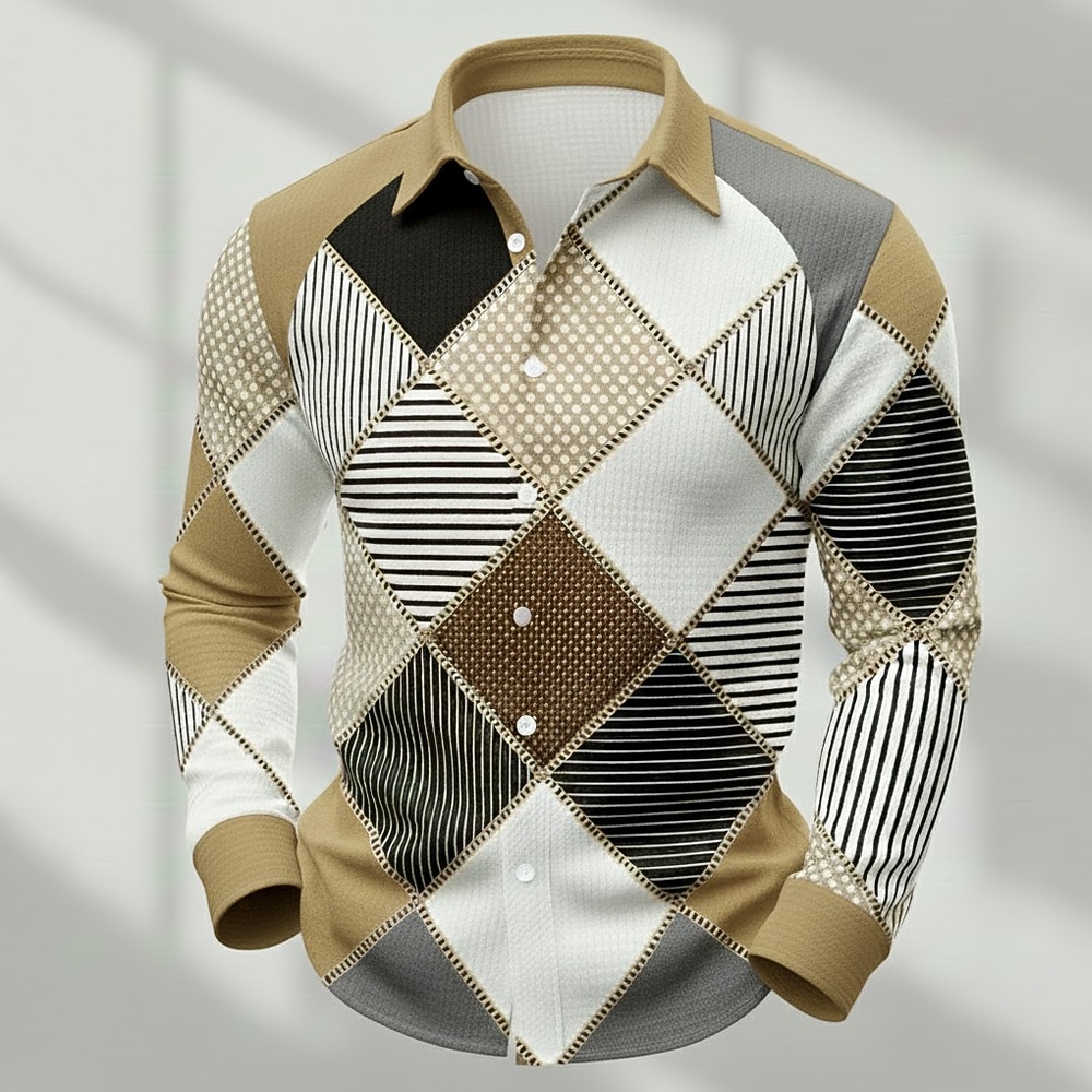 Men's Geometric Color Block Patchwork Shirt Waffle Shirt Casual Shirt Long Sleeve Fashion Casual Dailywear Holiday Summer Spring Turndown 3D Print Textured Button Up Shirts Brown Khaki Gray