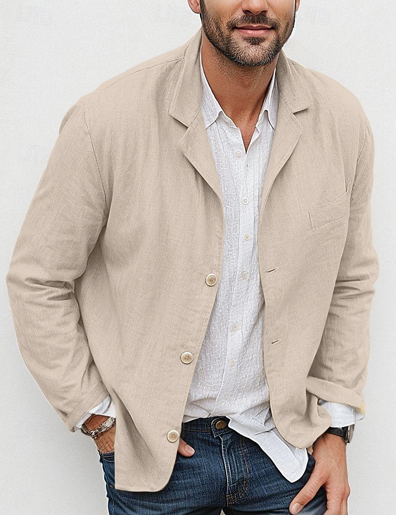 Men's Lightweight Jacket Blazer Jacket Linen Blazer Formal Office Autumn / Fall Cotton And Linen Solid Color Comfy Single Breasted Blazer Light Green Navy Blue Brown khaki