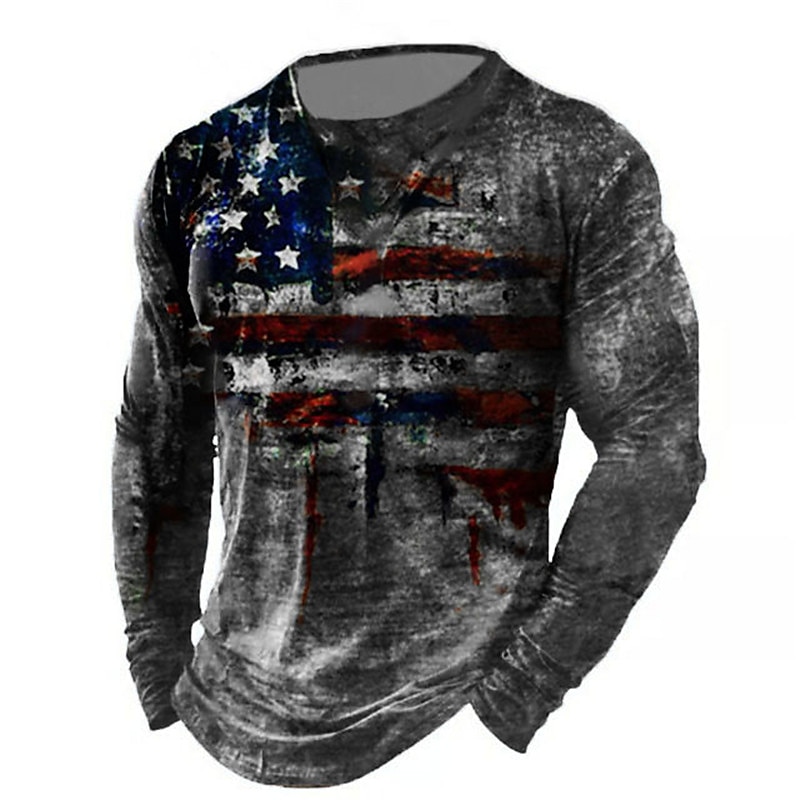 Men's T shirt Tee Distressed T Shirt Graphic Prints American Flag National Flag Crew Neck Khaki + Dark Grey Black White Black / Red Black / Brown 3D Print Outdoor Street Long Sleeve Print Clothing