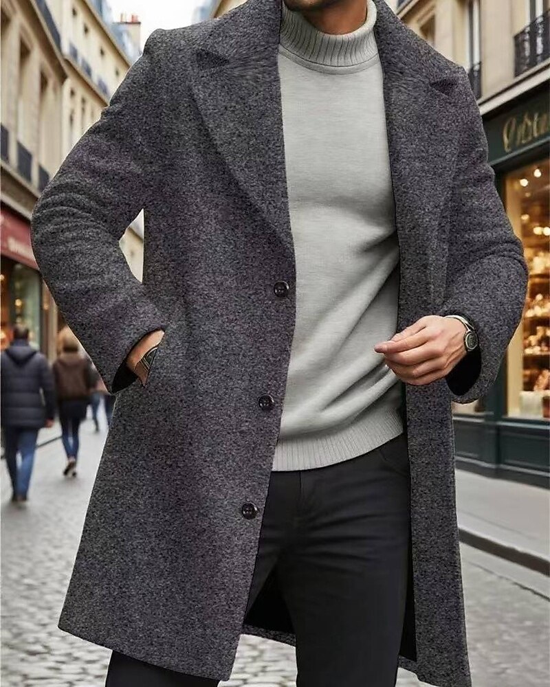 Men's Overcoat Trench Coat Long Trench Coat Vacation Daily Fall Winter Windproof Warm Outerwear Clothing Apparel Fashion Classic Plain Pocket Lapel Single Breasted One-button