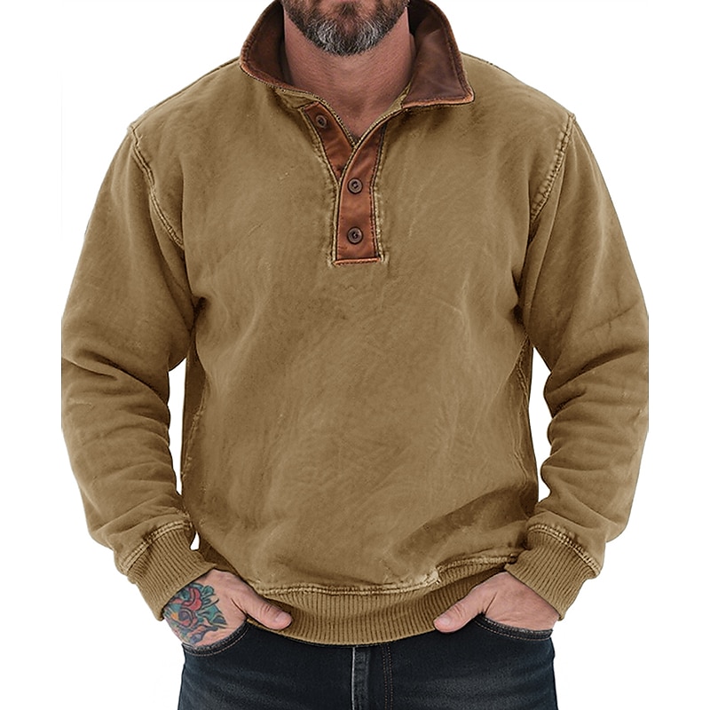 Men's Sweatshirt Pullover Button Up Hoodie Black Army Green Navy Blue Blue Brown Standing Collar Plain Patchwork Color Block Sports & Outdoor Casual Daily Streetwear Cool Sportswear Winter Spring