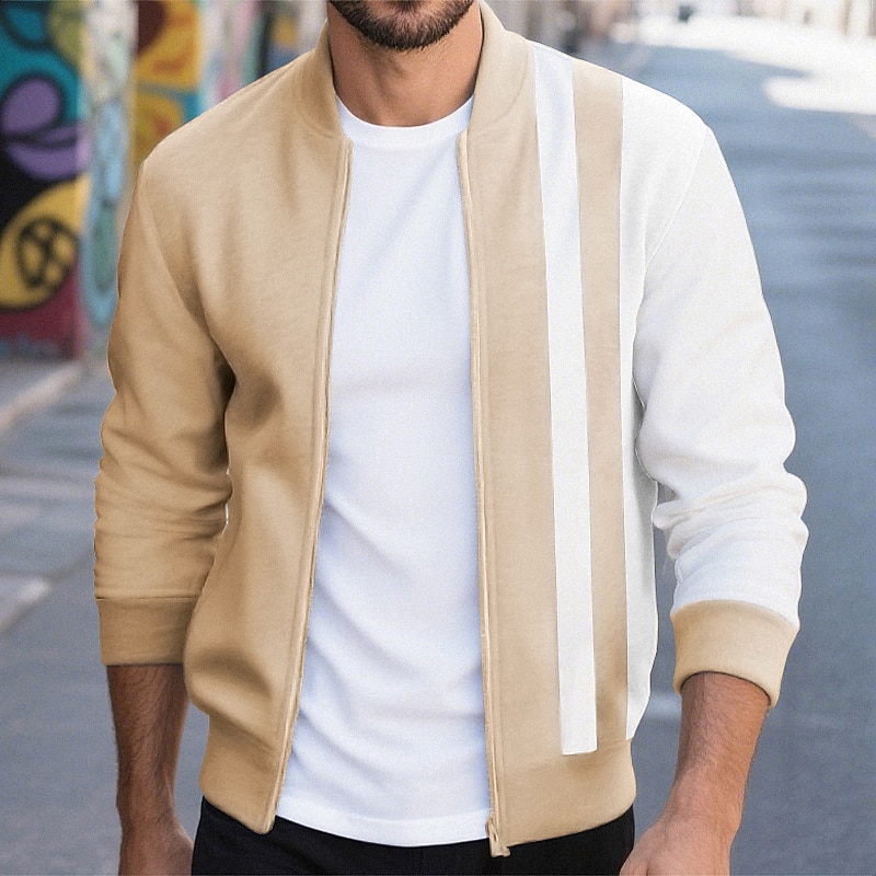 Men's Lightweight Jacket Casual Jacket Varsity Jacket Vacation Daily Patchwork Spring Fall Color Block Classic Casual Stand Collar Regular Black White Wine Navy Blue Khaki Jacket