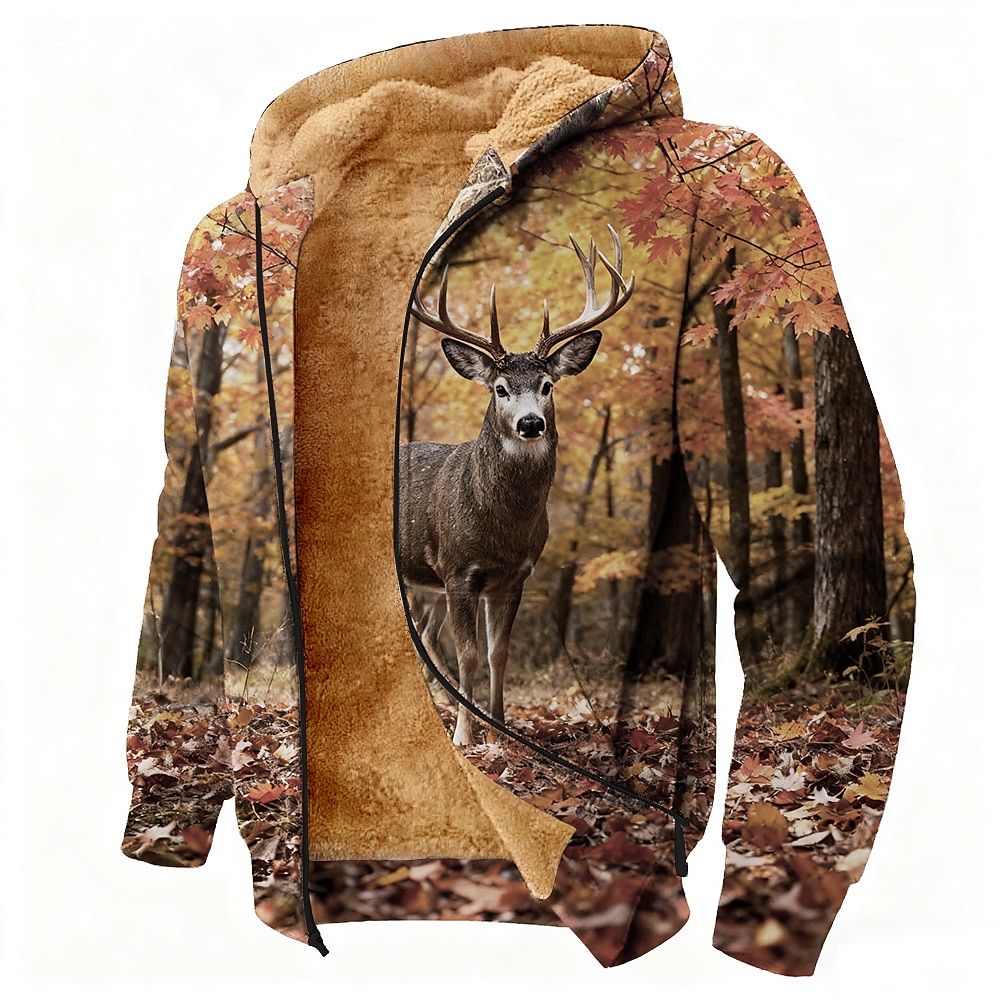 Men's Camo Camouflage Deer Fleece Hoodie Jacket Sweatshirt Classic Military Hunting Long Sleeve Crew Neck Outdoor Camping Light Blue Blue Brown Zip Up Fall Winter Designer S M L XL 2XL 3XL