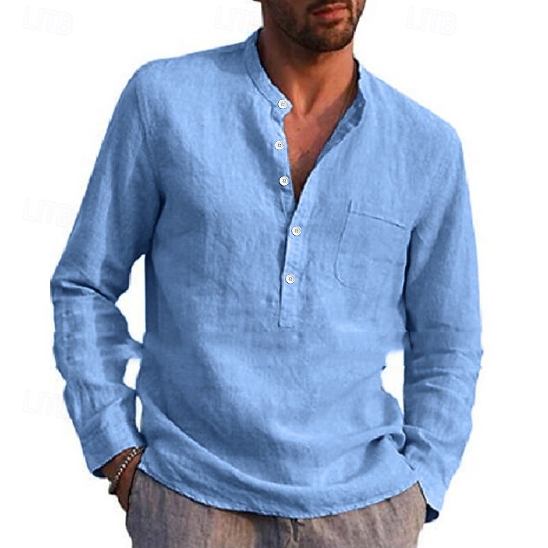 Men's Shirt Linen Shirt Band Collar Shirt Summer Shirt Beach Wear Solid Color Street Hawaiian Light Blue Wine Red Black White Long Sleeve Collar Summer Spring Clothing Apparel