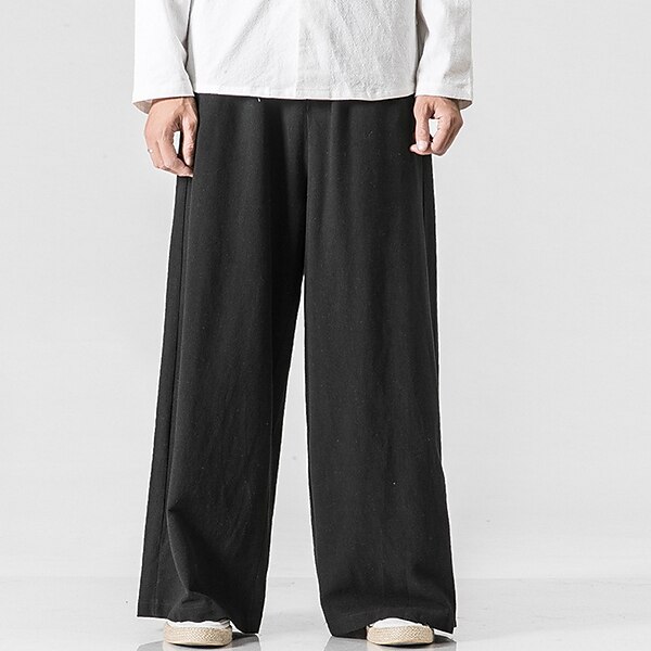 Men's Linen Pants Trousers Summer Pants Beach Pants Wide Leg Flowy Plain Comfort Breathable Full Length Casual Holiday Yoga Linen / Cotton Blend Fashion Streetwear Loose Fit Black Navy Blue
