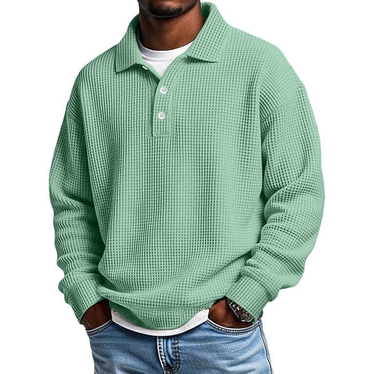 Men's Waffle Polo Shirts Textured Formal Business Ribbed Polo Collar Long Sleeve Fashion Solid Color Buttons Plain Fall Spring &  Fall Loose Fit Black Light Green Green Light Blue Purple Khaki Waffle