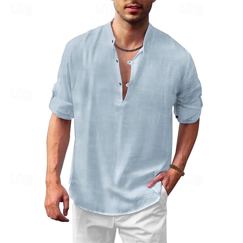 Men's Popover Summer Beach Long Sleeve Plain Henley Spring &  Fall Hawaiian Holiday Clothing Apparel Linen Shirt