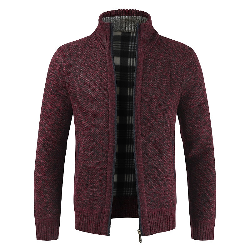 Men's Sweater Cardigan Sweater Zip Sweater Sweater Jacket Fleece Sweater Knit Solid Color Stand Collar Essential Casual Clothing Apparel Winter Black Burgundy S M L