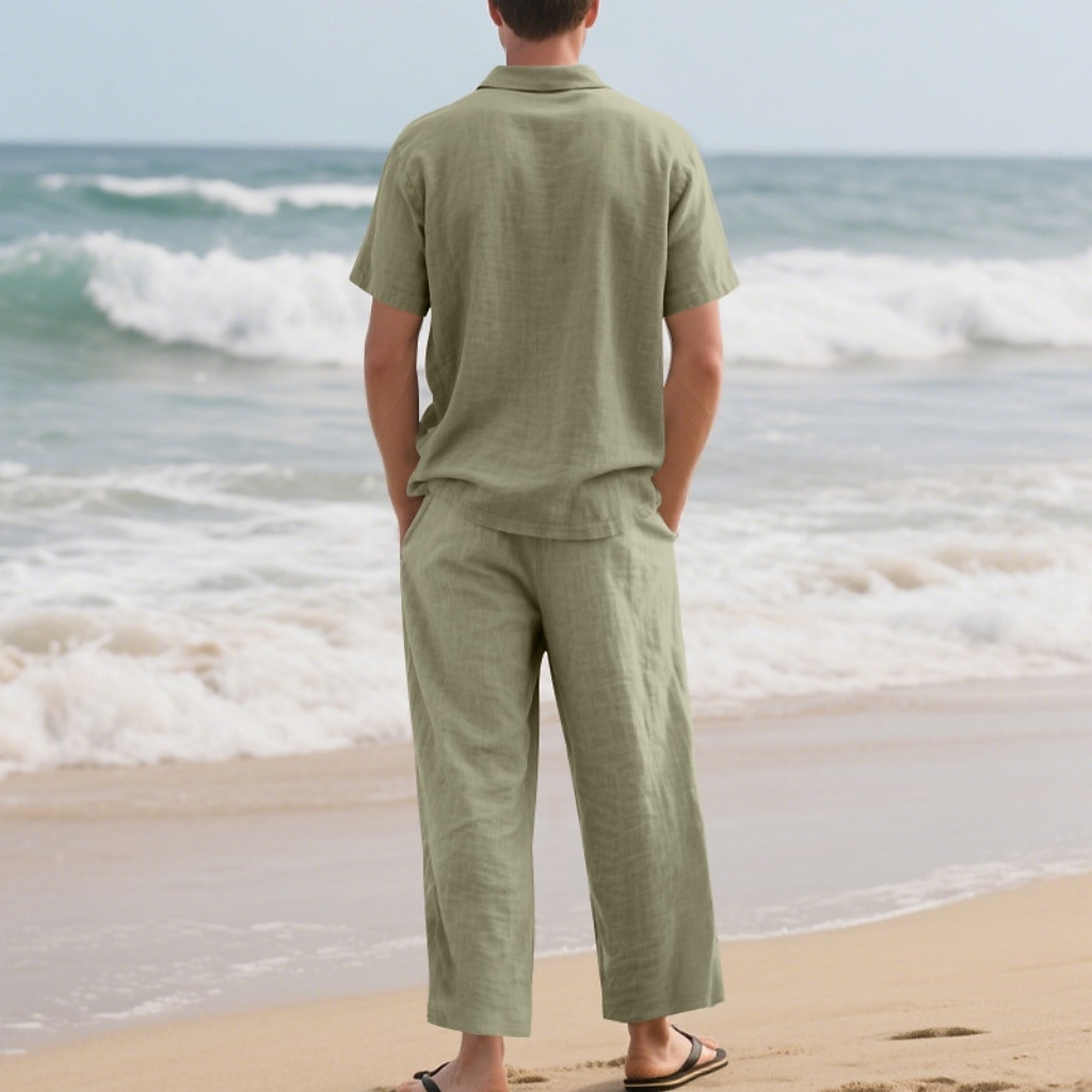 2-Piece Men's Linen Shirt Popover Shirt And Linen Pants Trousers Casual Pants Set Plain Daily Outdoor Beach Turndown Short Sleeve Summer Spring Fashion Casual Comfortable Clothing Apparel