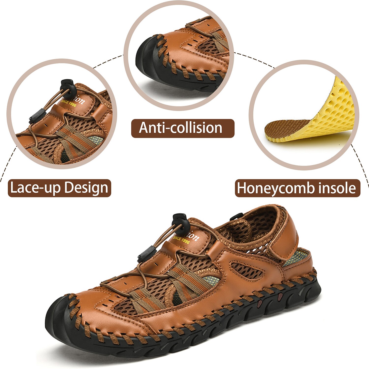 Men's Leather Sandals Handmade Shoes Closed Toe Sandals Casual Beach Outdoor  Mesh Breathable Elastic Band Shoes Red-brown Black Green Summer