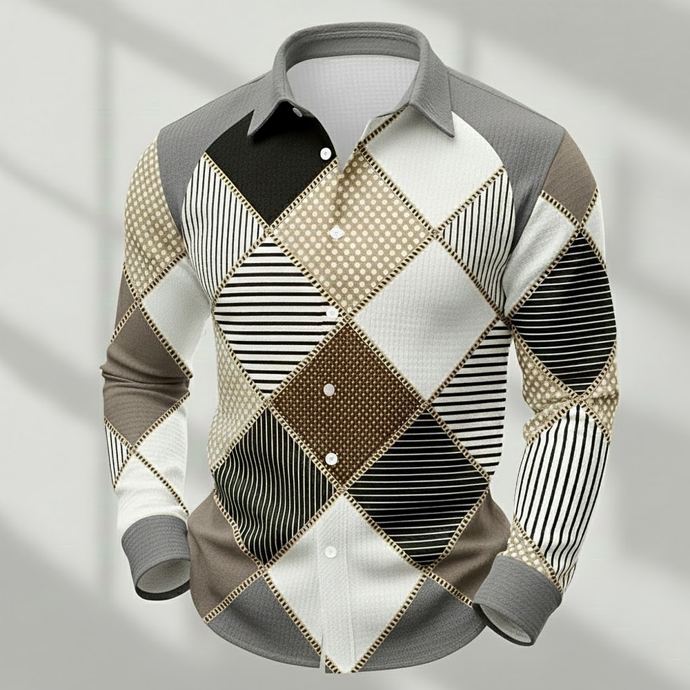 Men's Geometric Color Block Patchwork Shirt Waffle Shirt Casual Shirt Long Sleeve Fashion Casual Dailywear Holiday Summer Spring Turndown 3D Print Textured Button Up Shirts Brown Khaki Gray