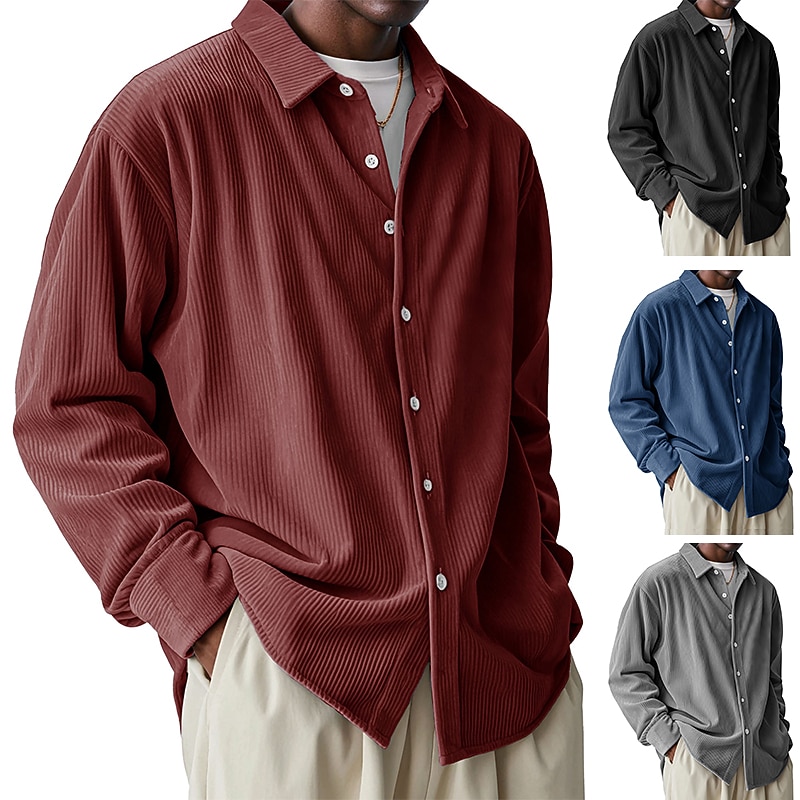 Men's Shirt Casual Shirt Corduroy Shirt Button Up Shirt Black White Wine Navy Blue Sky Blue Long Sleeve Turndown Outdoor Party Clothing Apparel Christmas Elegant Vintage Casual