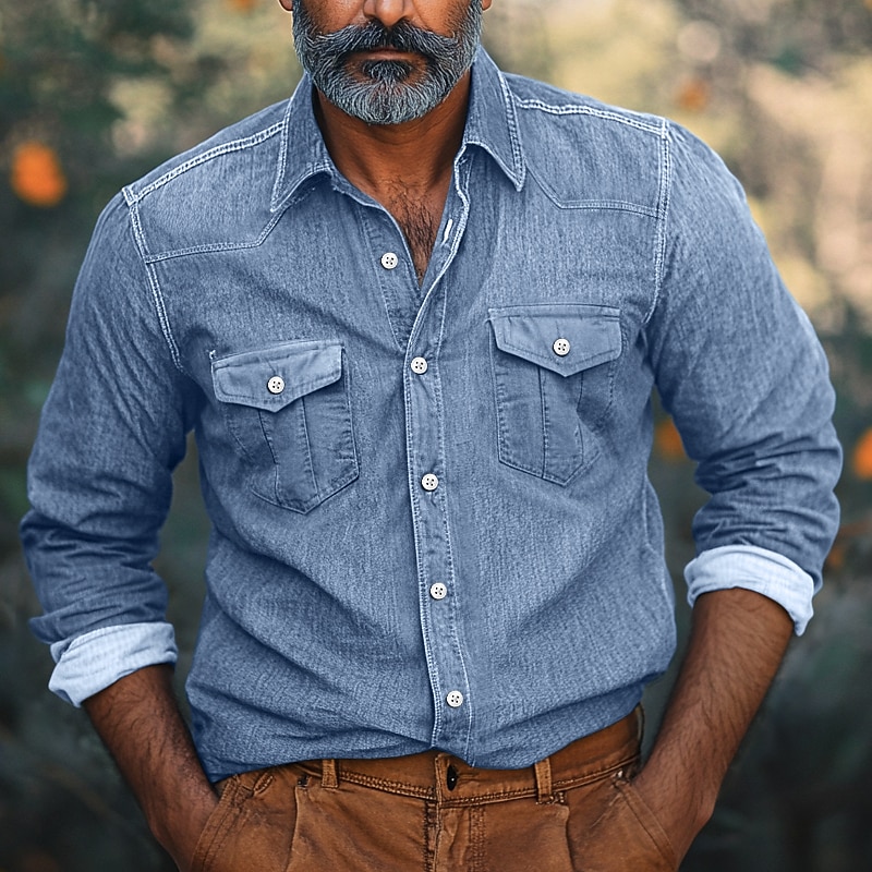 Men's Shirt Chambray Shirt Calico Shirt Casual Shirt Button Up Shirt Denim Shirt Black Navy Blue Blue Light Blue Long Sleeve Plain Collar Vacation Daily Clothing Apparel Fashion Casual