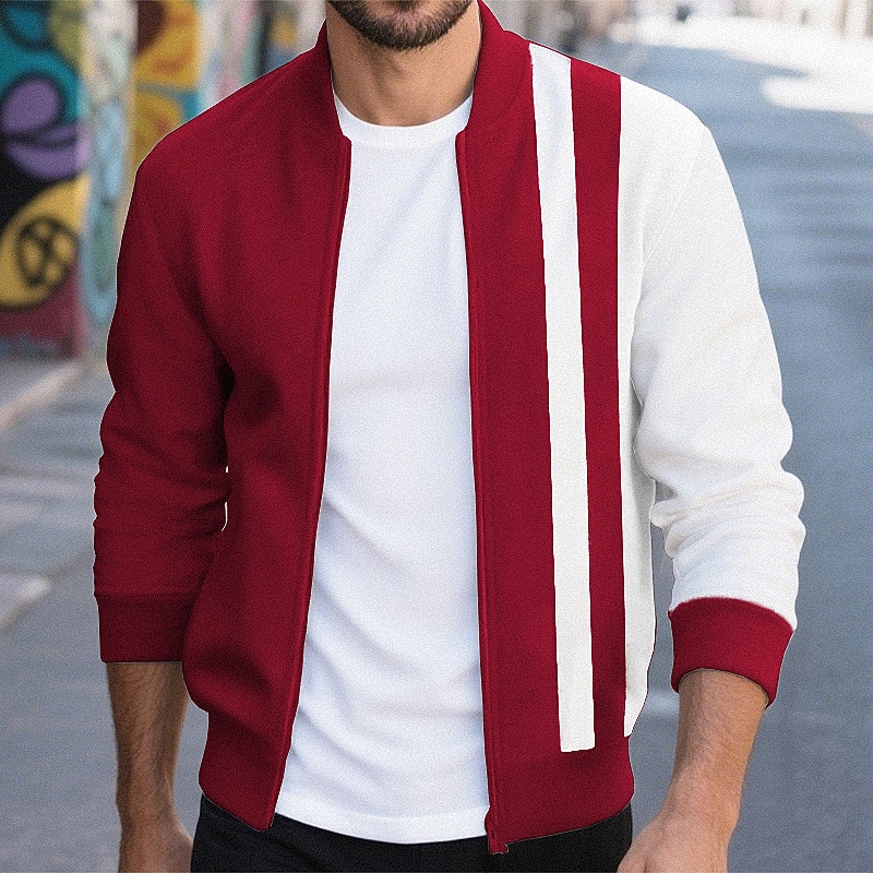 Men's Lightweight Jacket Casual Jacket Varsity Jacket Vacation Daily Patchwork Spring Fall Color Block Classic Casual Stand Collar Regular Black White Wine Navy Blue Khaki Jacket