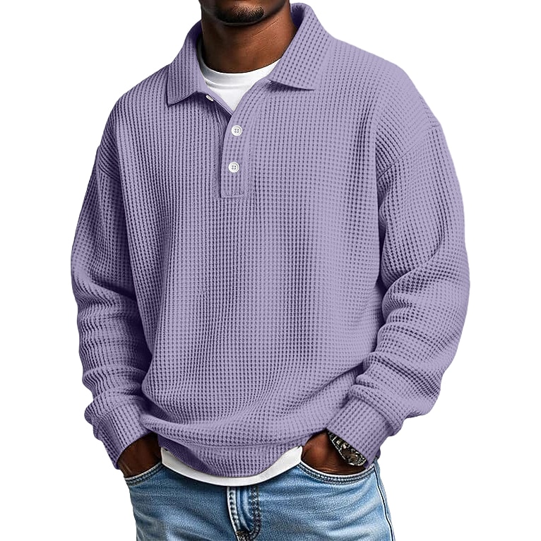 Men's Waffle Polo Shirts Textured Formal Business Ribbed Polo Collar Long Sleeve Fashion Solid Color Buttons Plain Fall Spring &  Fall Loose Fit Black Light Green Green Light Blue Purple Khaki Waffle
