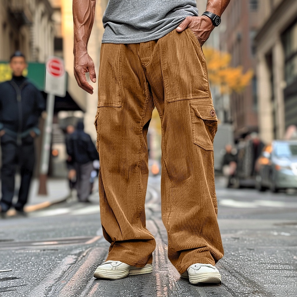 Men's Cargo Pants Corduroy Pants Trousers Casual Pants Pocket Elastic Waist Multi Pocket Plain Comfort Soft Full Length Outdoor Daily Going out Fashion Streetwear Black Brown Micro-elastic