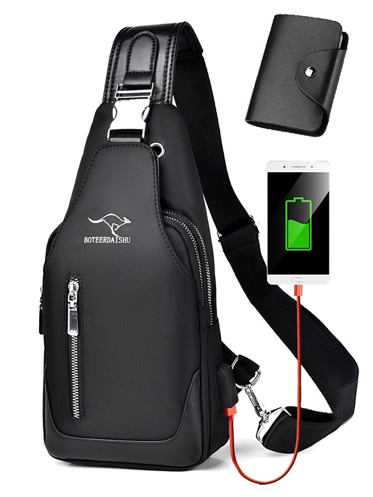 Men's Waterproof Oxford Cloth Sling Bag with USB Charging Port with Card Holder Set, Multi-Way Wear, Available in Multiple Colors, Perfect for Casual and Outdoor Use