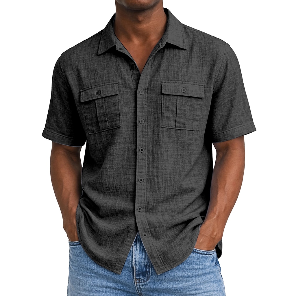 Men's Shirt Linen Shirt Summer Shirt Beach Wear Button Up Shirt Solid Color Casual Vacation Black Navy Blue Sky Blue Green Short Sleeve Turndown Summer Spring Clothing Apparel Front Pocket