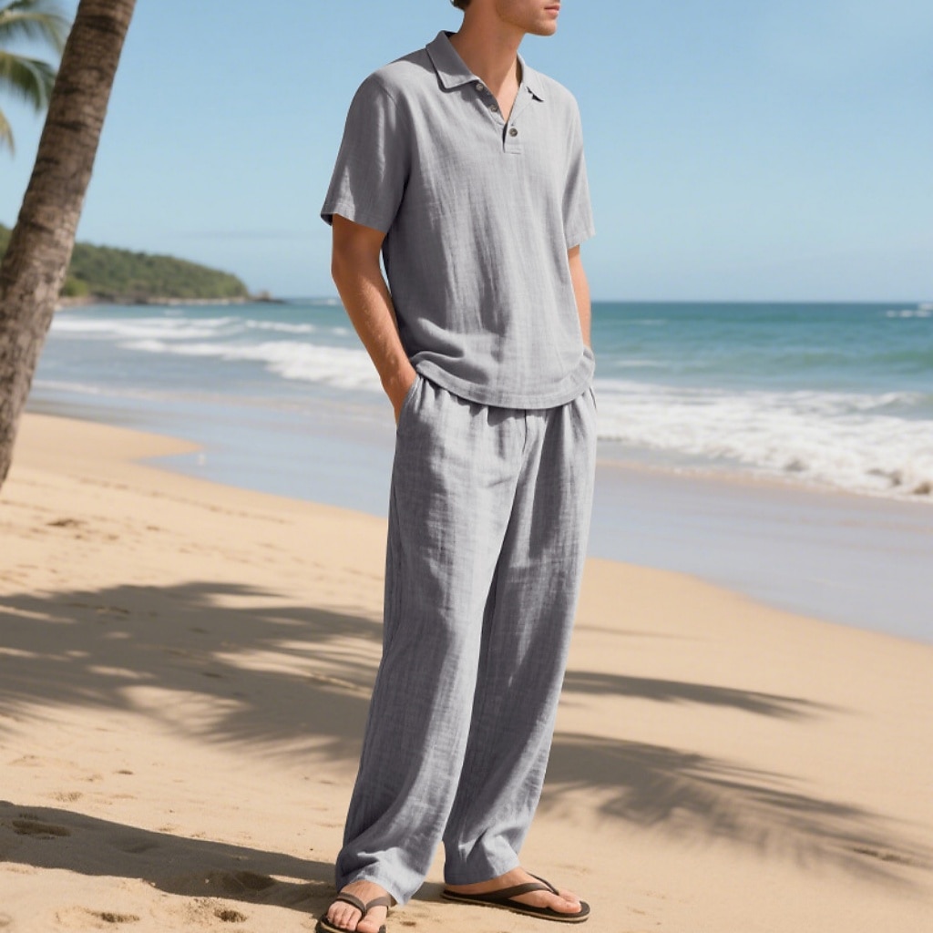 2-Piece Men's Linen Shirt Popover Shirt And Linen Pants Trousers Casual Pants Set Plain Daily Outdoor Beach Turndown Short Sleeve Summer Spring Fashion Casual Comfortable Clothing Apparel