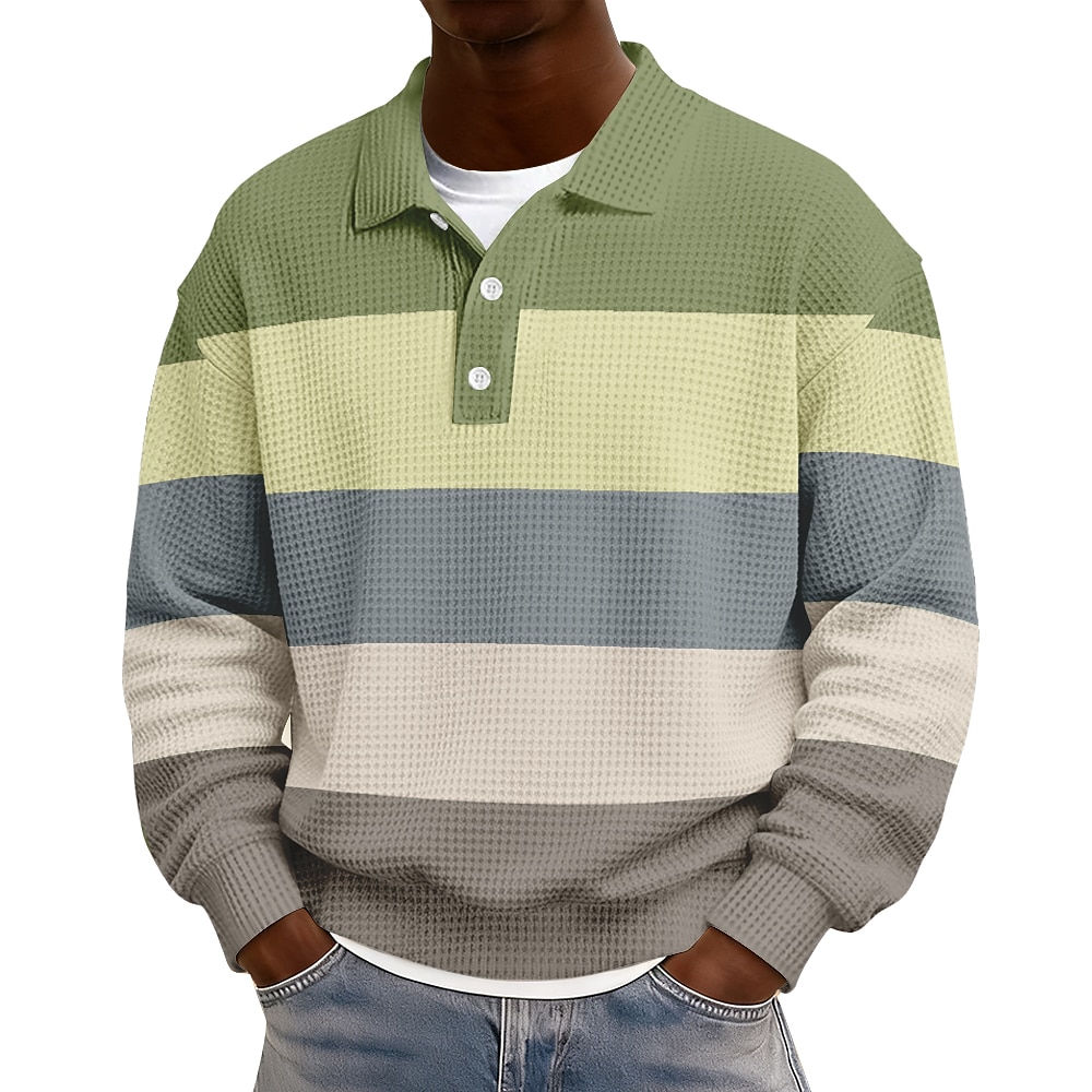 Men's Horizontal Stripes Waffle Polo Shirts Rugby Polo Long Sleeve Polo Shirts Lapel Sportswear Casual School Athleisure Daily Wear 3D Print Spring Fall Winter Blue Pink Brown