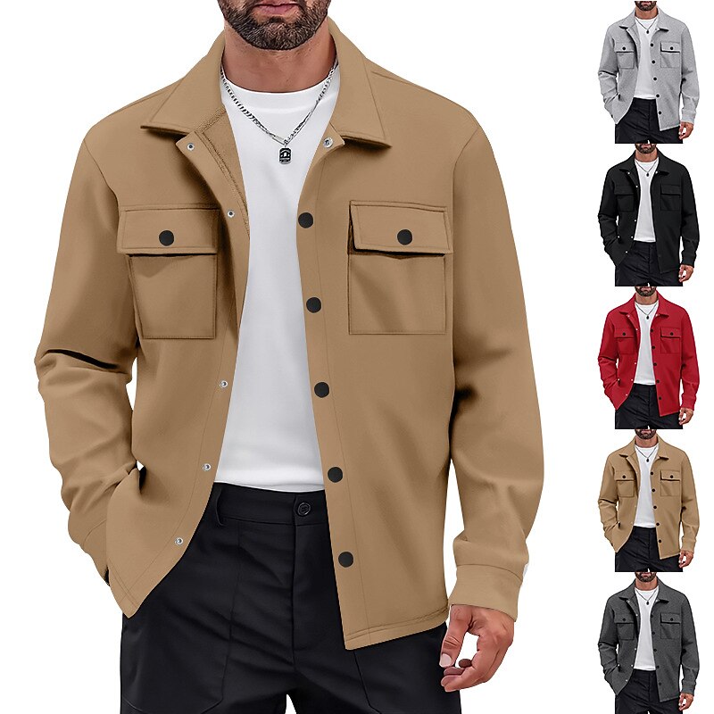 Men's Lightweight Jacket Cargo Jacket Casual Jacket Vacation Daily Warm Pocket Spring Fall Plain Fashion Classic Lapel Regular Black Red Khaki Light Grey Dark Gray Jacket