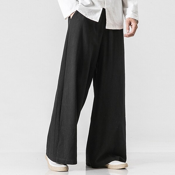 Men's Linen Pants Trousers Summer Pants Beach Pants Wide Leg Flowy Plain Comfort Breathable Full Length Casual Holiday Yoga Linen / Cotton Blend Fashion Streetwear Loose Fit Black Navy Blue