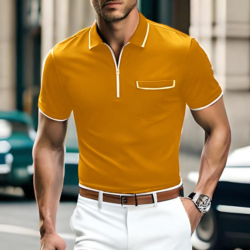 Men's Zip Polo Golf Shirt Casual Holiday Lapel Quarter Zip Short Sleeve Fashion Basic Plain Quarter Zip Summer Regular Fit Black Blue Orange Green Gray Zip Polo