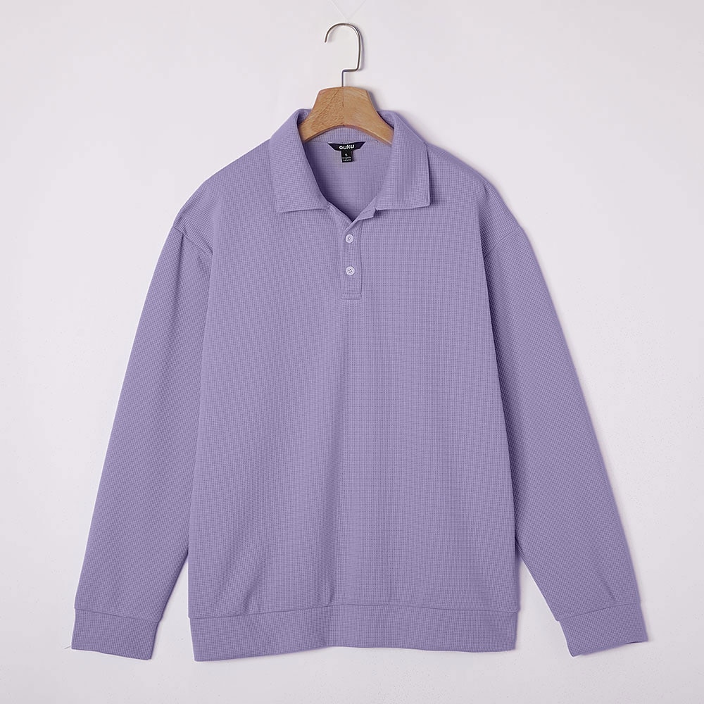 Men's Waffle Polo Shirts Textured Formal Business Ribbed Polo Collar Long Sleeve Fashion Solid Color Buttons Plain Fall Spring &  Fall Loose Fit Black Light Green Green Light Blue Purple Khaki Waffle