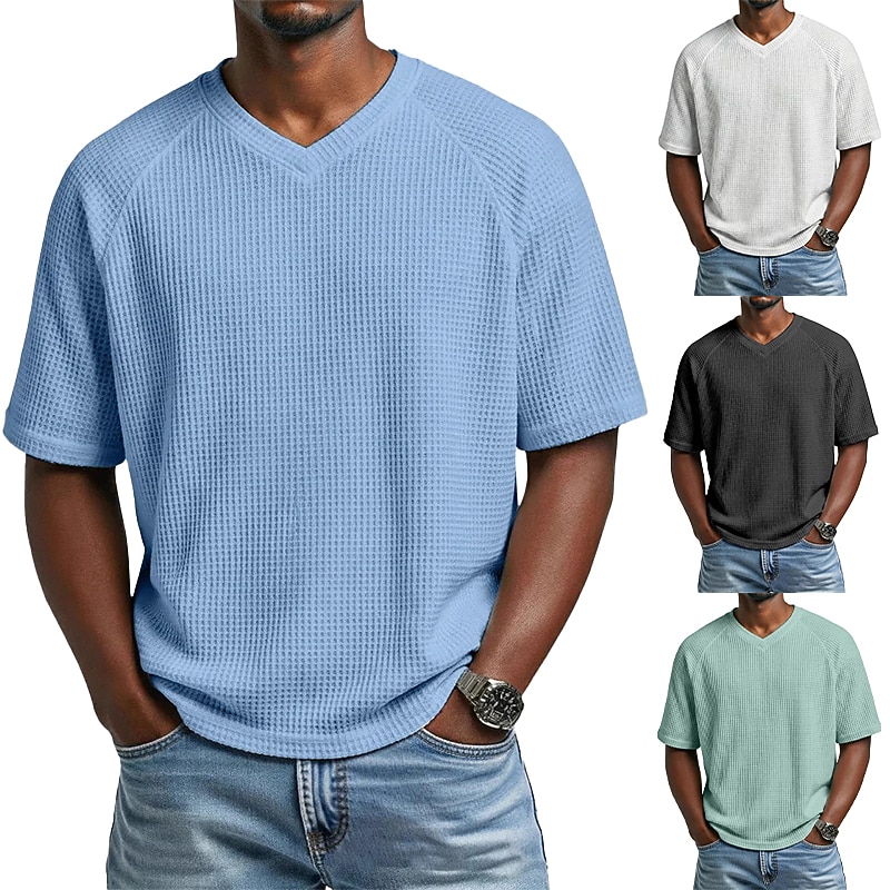 Men Waffle T-shirt Tee Top Short Sleeve V Neck Summer Solid Color Fashion Designer Casual Raglan Sleeves Casual Daily Outdoor Light Blue Black White Top Tee for Men