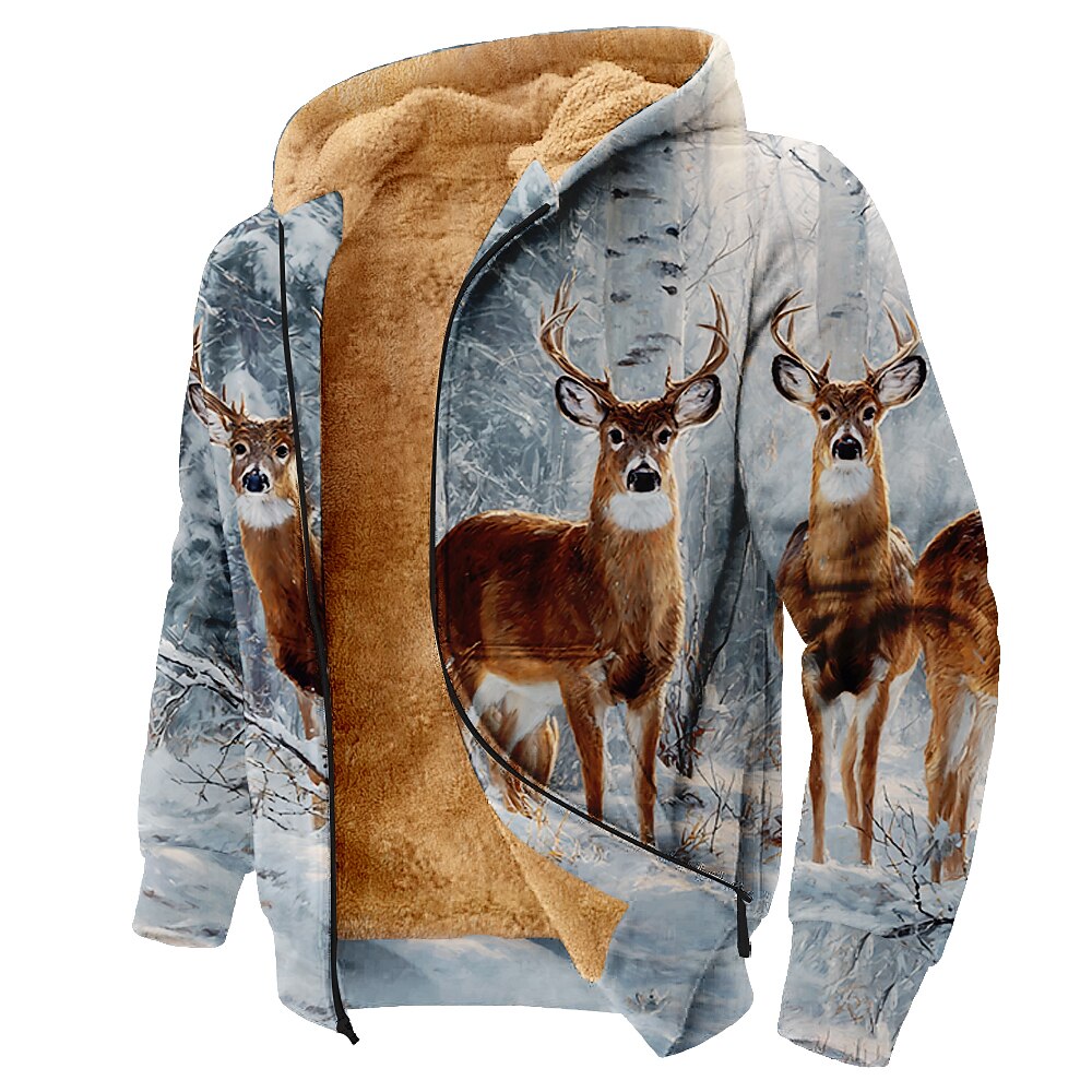 Men's Camo Camouflage Deer Fleece Hoodie Jacket Sweatshirt Classic Military Hunting Long Sleeve Crew Neck Outdoor Camping Light Blue Blue Brown Zip Up Fall Winter Designer S M L XL 2XL 3XL