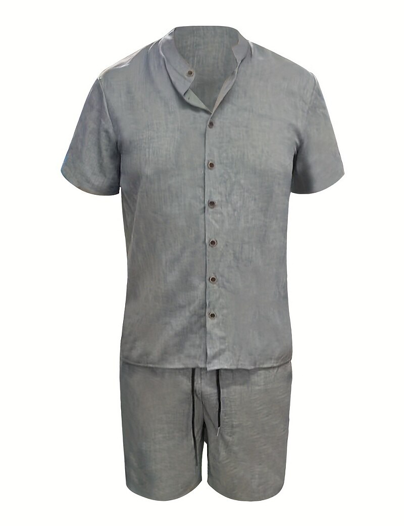 2-Piece Men's Cotton Linen Shirt and Short Set Summer Set And Shorts Set Plain Casual Daily Vacation V Neck Short Sleeves Summer Spring Fashion Casual Comfortable Clothing Apparel