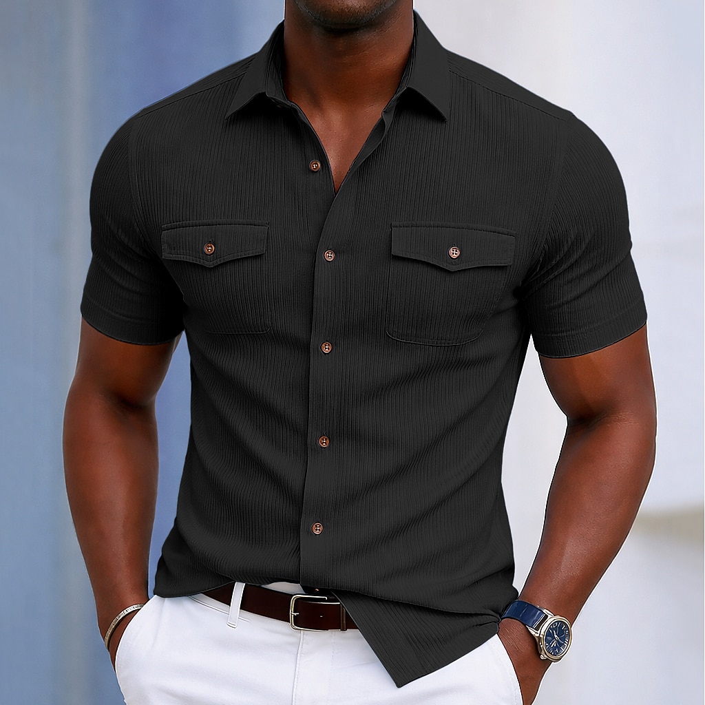 Men's Shirt Casual Shirt Corduroy Shirt Button Up Shirt Black White Yellow Navy Blue Brown Short Sleeve Plain Textured Shirt Collar Casual Daily Front Pocket Clothing Apparel Elegant Fashion Casual