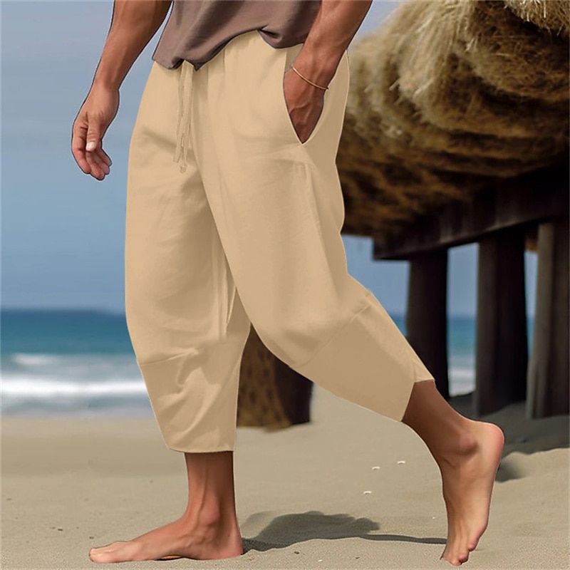 Men's Linen Pants Capri Pants Pocket Drawstring Elastic Waist Plain Comfort Breathable Calf-Length Vacation Daily Holiday Hawaiian Boho ArmyGreen Black