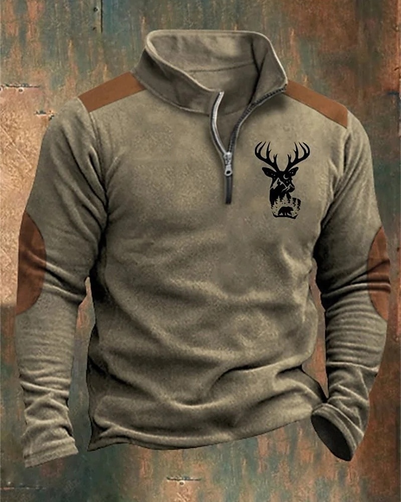 Men's Sweatshirt Quarter Zip Sweatshirt Blue Brown Khaki Light Grey Dark Gray Half Zip Reindeer Print Christmas Daily Holiday Streetwear Casual Fall & Winter Clothing Apparel Hoodies Sweatshirts