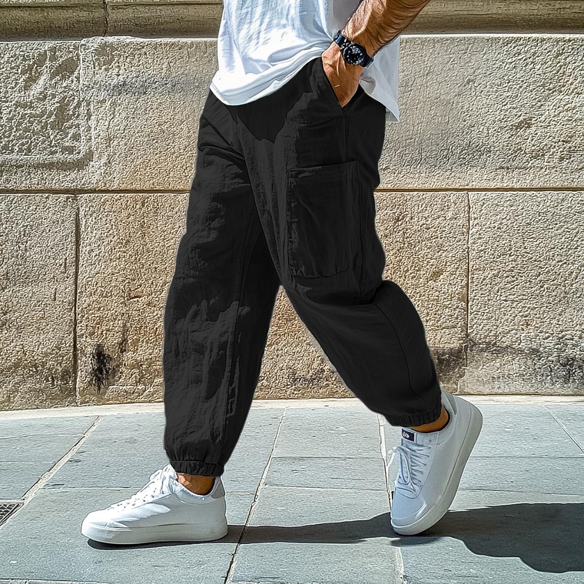Men's Linen Pants Trousers Summer Pants Baggy Pants Elastic Cuff Plain Comfort Breathable Full Length Casual Daily Holiday Vacation Fashion Black White