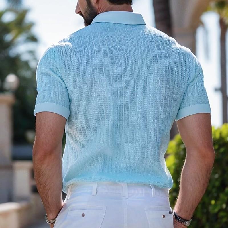 Men's Polo Golf Shirt Casual Holiday Ribbed Polo Collar Short Sleeve Fashion Basic Stripe Plain Button Quick Dry Summer Regular Fit Light Blue White Purple Khaki Polo