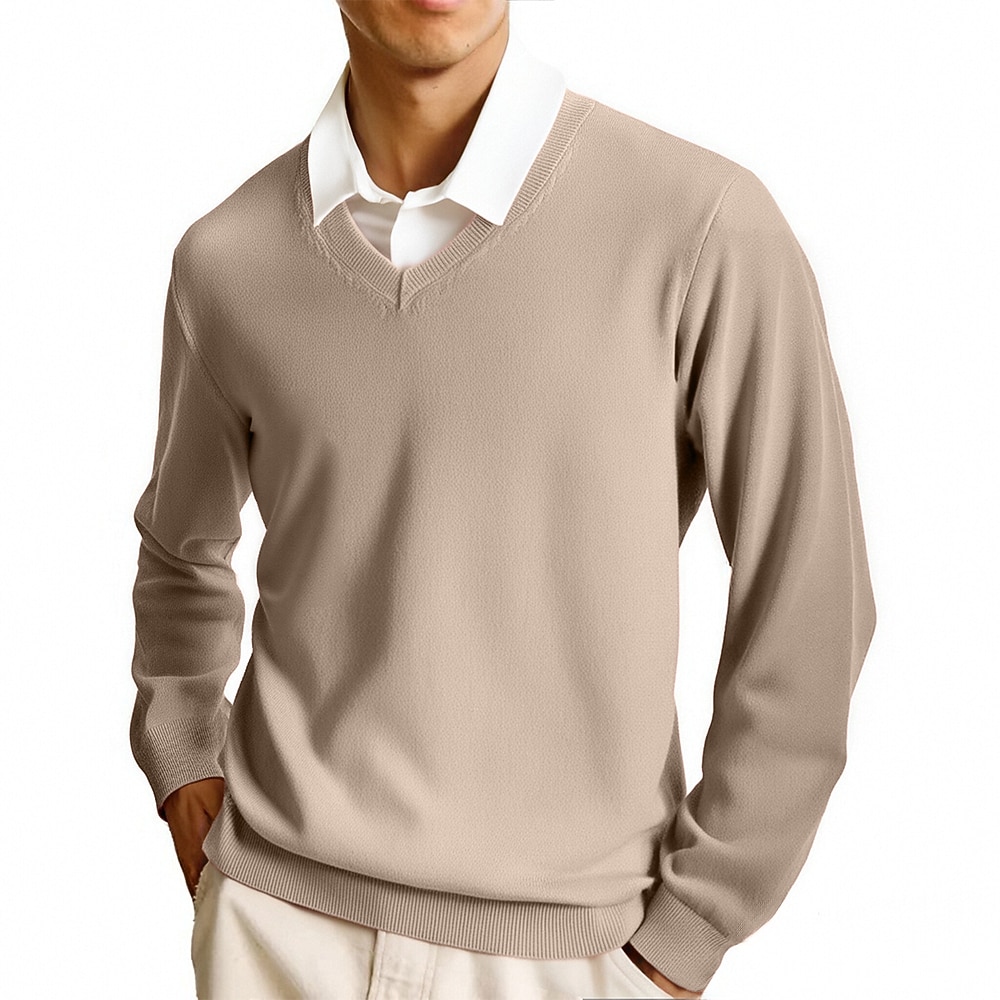 Men's Pullover Sweater Jumper Casual Sweater Knit Sweater Ribbed Knit Regular Tops Knitted Plain V Neck Fashion Casual Vacation Daily Wear Clothing Apparel Fall Winter Camel Wine S M L