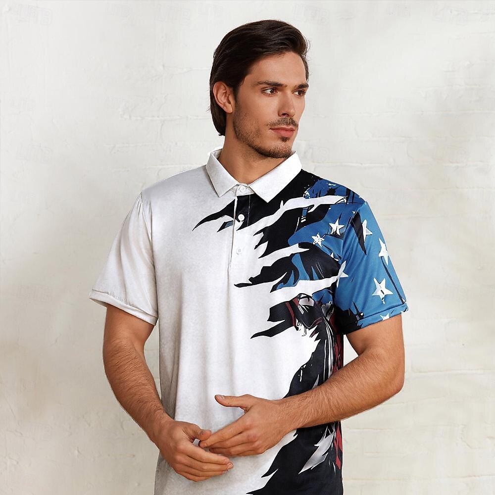 Men's Polo Shirt Golf Shirt American Flag Turndown White & Blue Custom Print White Navy Blue Blue 3D Print Street Daily Short Sleeve 3D Button-Down Clothing Apparel Fashion Casual Comfortable