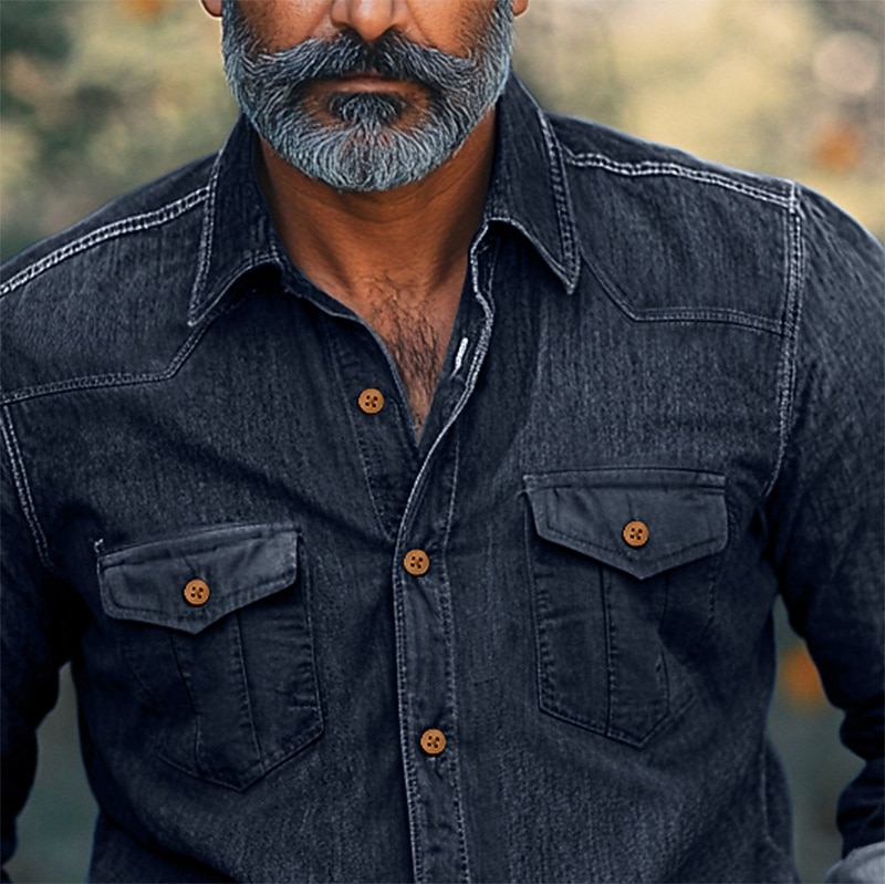 Men's Shirt Chambray Shirt Calico Shirt Casual Shirt Button Up Shirt Denim Shirt Black Navy Blue Blue Light Blue Long Sleeve Plain Collar Vacation Daily Clothing Apparel Fashion Casual