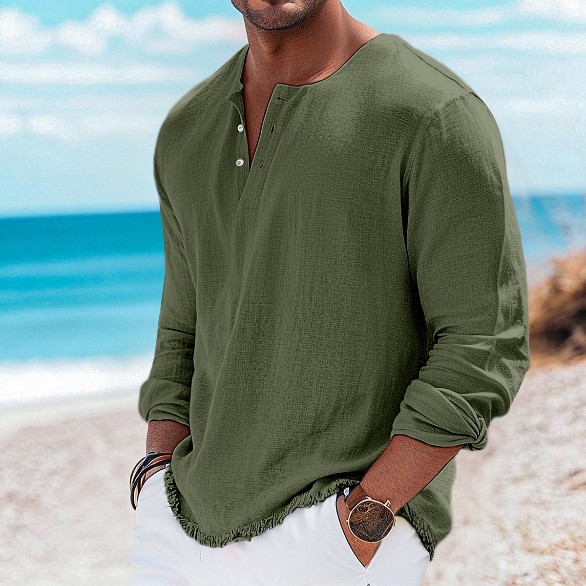 Men's Henley Shirt Tee Henley Top Linen T-Shirt Long Sleeve Solid Color Plain Solid Fashion Designer Casual Color Block Buttons Henley Outdoor Casual Daily Summer Spring All Seasons White Pink Light