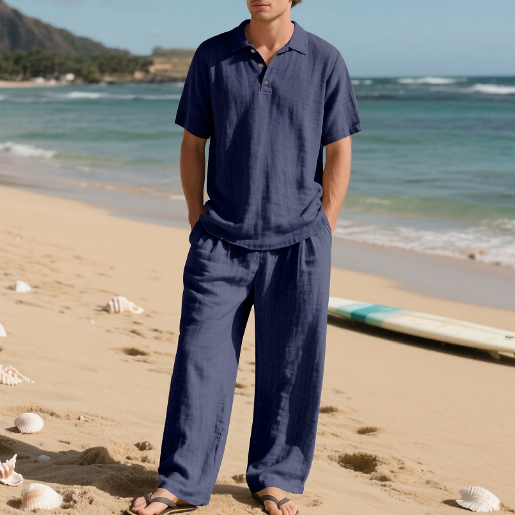 2-Piece Men's Linen Shirt Popover Shirt And Linen Pants Trousers Casual Pants Set Plain Daily Outdoor Beach Turndown Short Sleeve Summer Spring Fashion Casual Comfortable Clothing Apparel