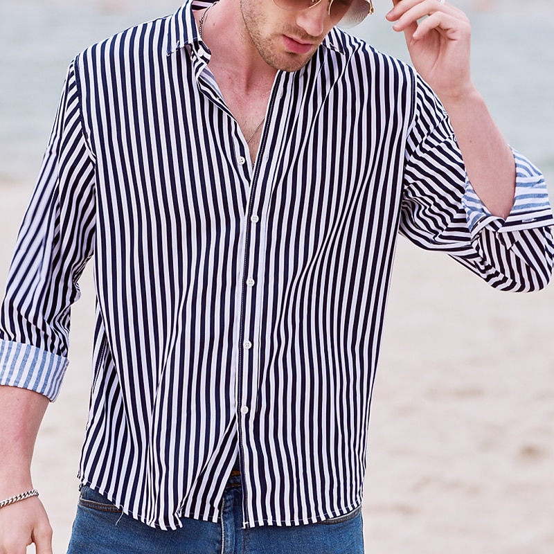 Men's Dress Shirt Striped Shirt Button Down Shirt Collared Shirt Striped Wedding Back to Office Black White Red Navy Blue Long Sleeve Clothing Apparel