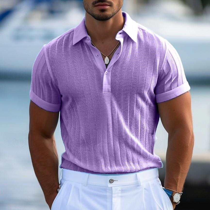Men's Polo Golf Shirt Casual Holiday Ribbed Polo Collar Short Sleeve Fashion Basic Stripe Plain Button Quick Dry Summer Regular Fit Light Blue White Purple Khaki Polo