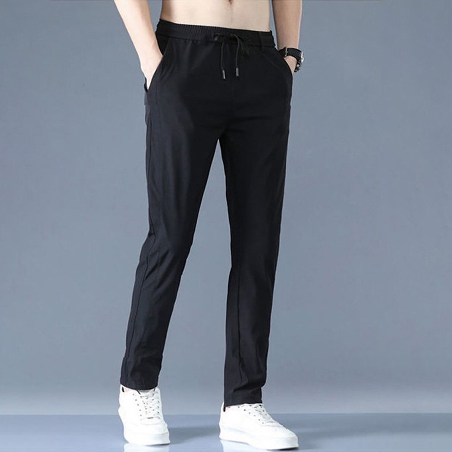 Men's Trousers Casual Pants Drawstring Elastic Waist Solid Color Breathable Quick Dry Formal Weekend Classic Casual / Sporty Slim Black 1 dark grey 1