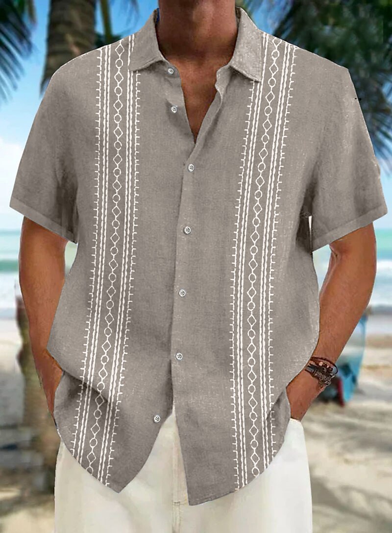 Men's Guayabera Shirt Casual Shirt Summer Shirt Beach Shirt White Blue Khaki Short Sleeve Striped Lapel Spring & Summer Hawaiian Holiday Clothing Apparel Print