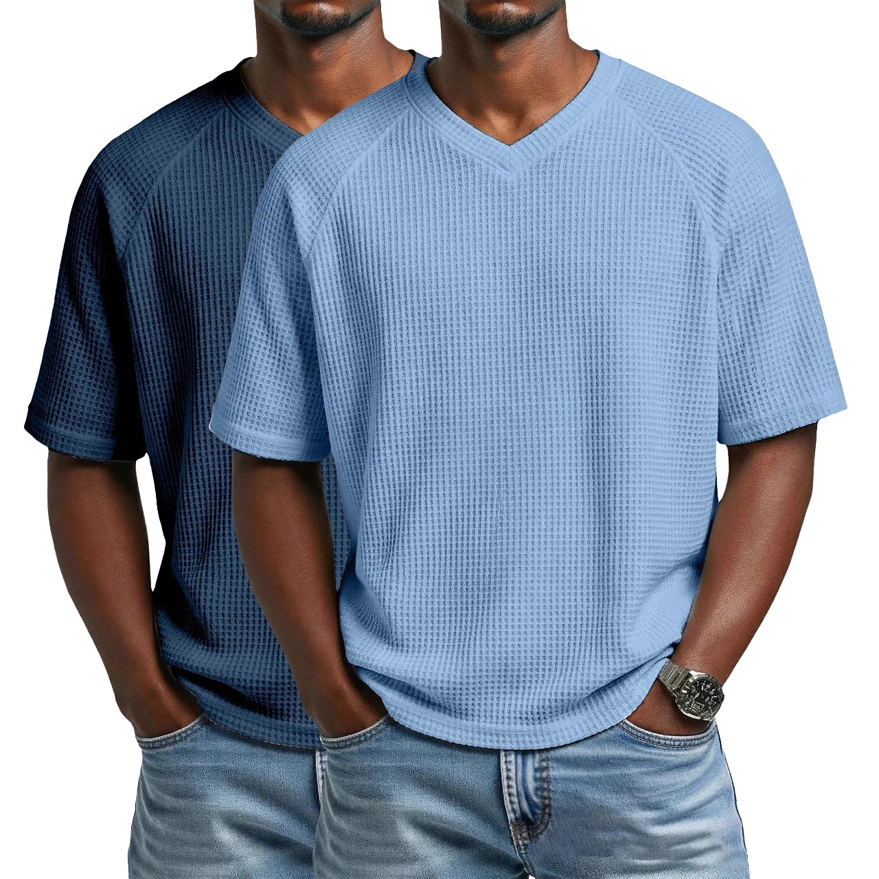 2PCS Men's Waffle T-shirt Tee Top Short Sleeve V Neck Summer Solid Color Textured Fashion Designer Casual 2 Piece Multi-pack Raglan Sleeves Casual Daily Outdoor White Black Top Tee for Men
