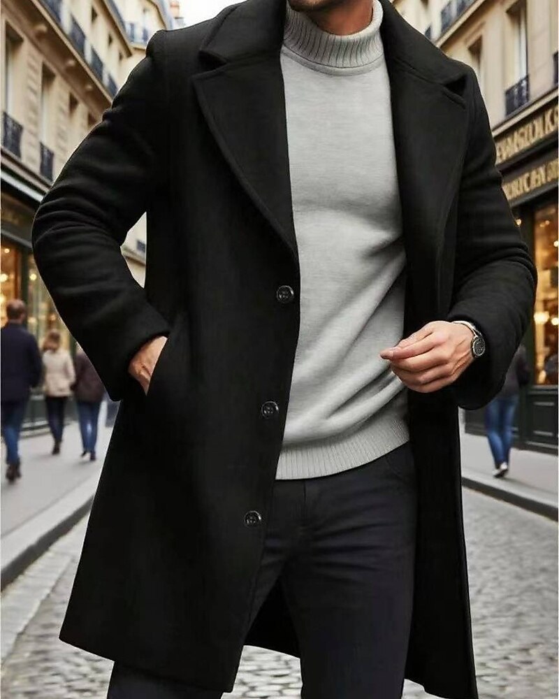 Men's Overcoat Trench Coat Long Trench Coat Vacation Daily Fall Winter Windproof Warm Outerwear Clothing Apparel Fashion Classic Plain Pocket Lapel Single Breasted One-button