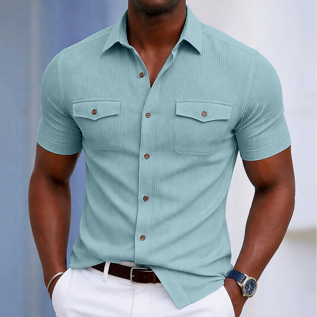 Men's Shirt Casual Shirt Corduroy Shirt Button Up Shirt Black White Yellow Navy Blue Brown Short Sleeve Plain Textured Shirt Collar Casual Daily Front Pocket Clothing Apparel Elegant Fashion Casual